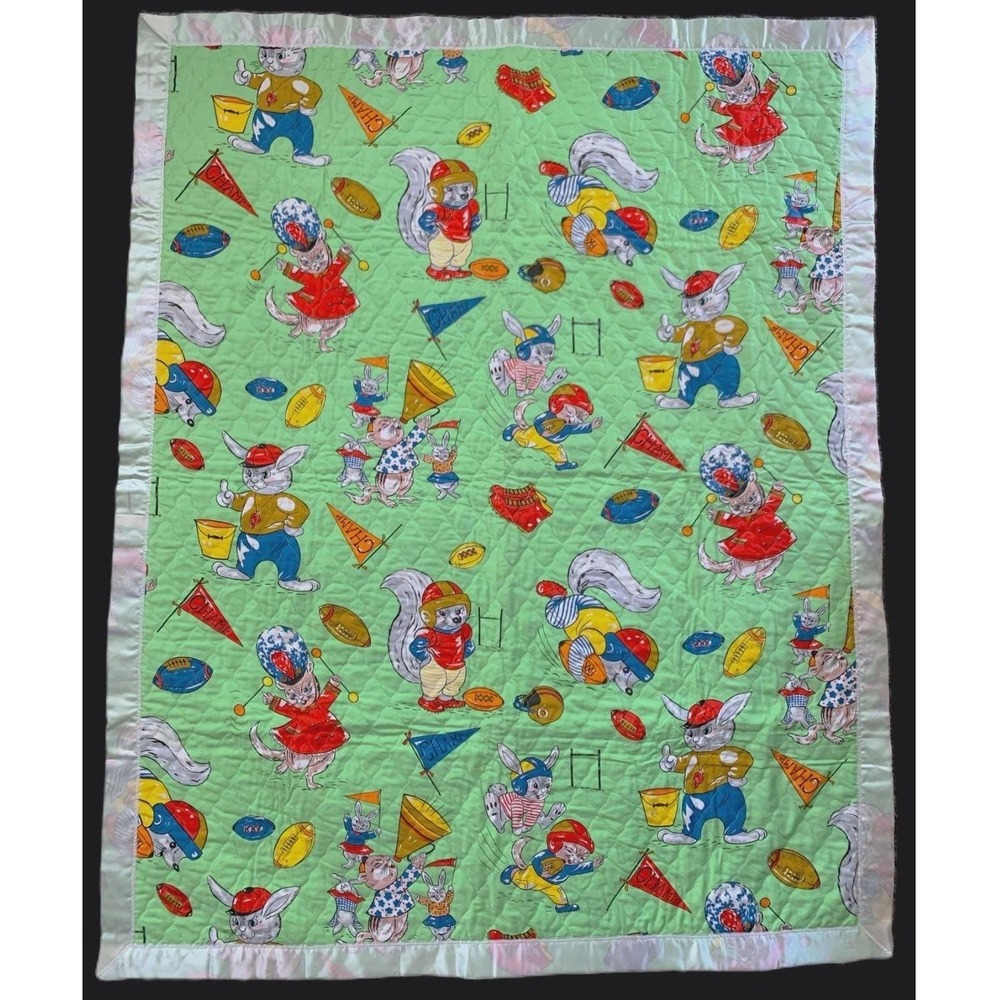 Vintage Quilted Baby Blanket Football Champ Animals Kitsch Retro Nursery NOS 60s